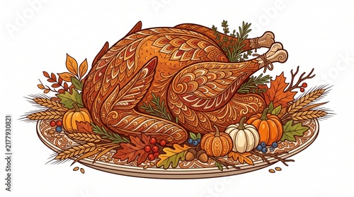 Roasted turkey with pumpkins and autumn leaves on a platter for a traditional Thanksgiving dinner celebration meal