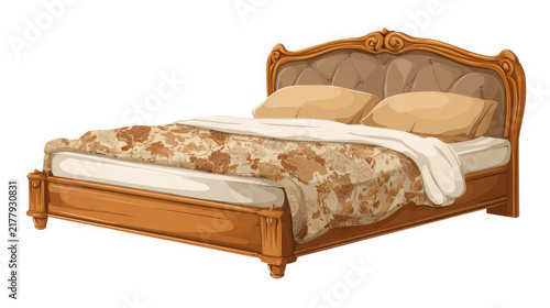 Wooden double bed with an ornate carved headboard and patterned duvet is rendered as a clean vector graphic illustration.