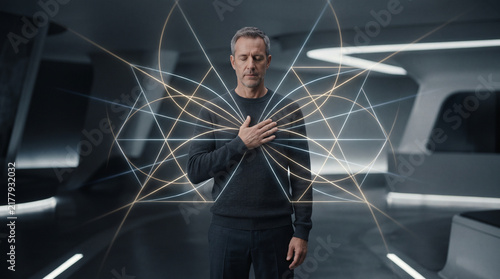Futuristic Man Surrounded by Glowing Digital Network Lines in High Tech Interior