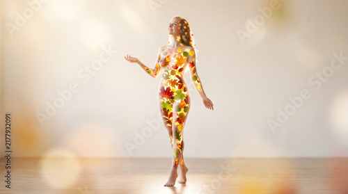 Elegant Woman Made of Colorful Flowers Walking in Soft Light Fantasy Fashion Illustration