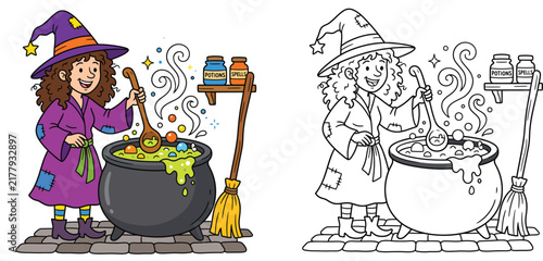 Cute cartoon witch stirring magic potion in cauldron coloring page for kids, colored example and outline vector illustration.