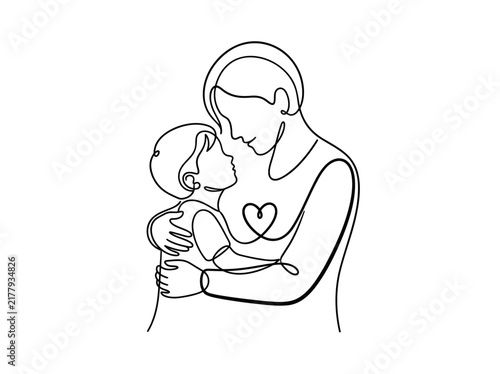 Minimalist continuous line art illustration featuring a loving mother embracing her young son with a heart symbol between them