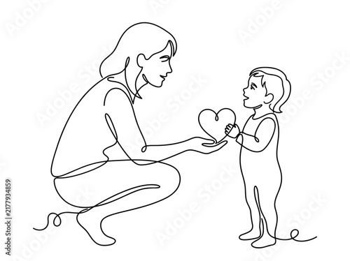 Mother and child offering heart symbol continuous line art illustration representing maternal love and family bonding concept for greeting cards