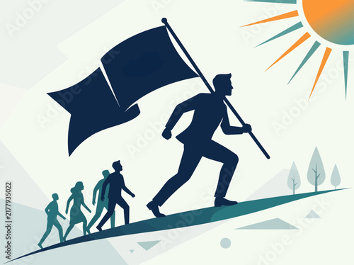 Business Leadership Concept Illustration Featuring a Person Carrying a Banner and Leading a Group Uphill to Victory