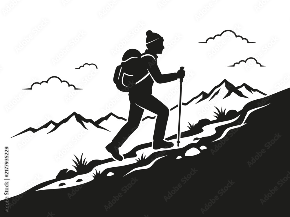 Fototapeta premium Black silhouette of a hiker climbing a steep mountain slope with a backpack and walking stick in a scenic landscape