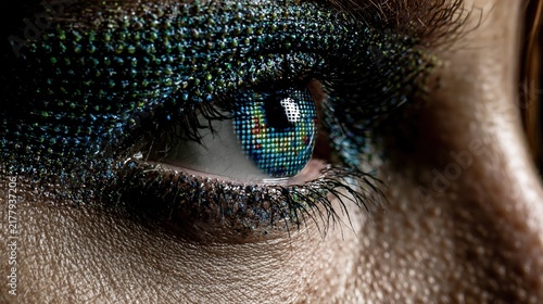 Extreme closeup of a human eye with vibrant, pixelated contact lens and textured eyeshadow.