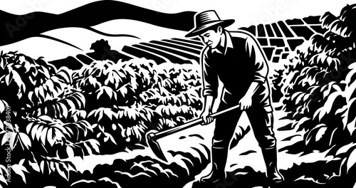 Coffee Farmer Digging Small Trench with Hoe Black Silhouette