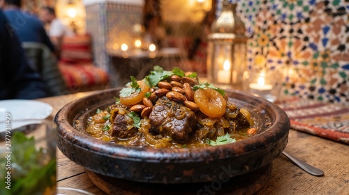 Close-up of Slow-Cooked Tagine Meat with Almonds and Apricots