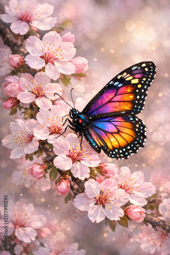 Pink and Orange Butterfly on Cherry Blossoms