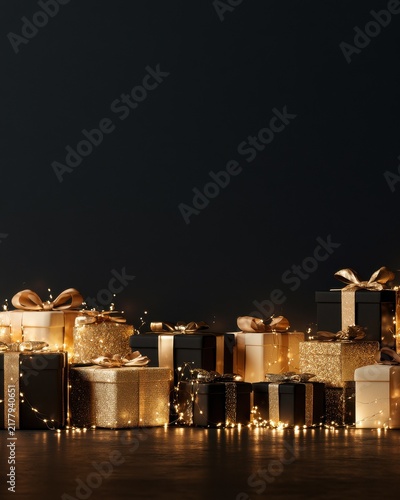 Naklejka Elegant Christmas gifts with gold ribbon on black background