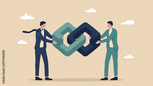Two businessmen connecting two large chain links together, representing partnership, collaboration, and business synergy
