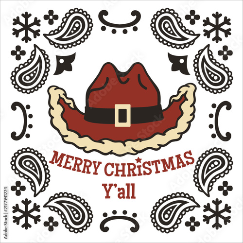 Cowboy Christmas Hat Merry Christmas Y'all Western Holiday Design. Cowboy Christmas design featuring a festive Western cowboy hat with Merry Christmas Y'all. Vector illustration isolated on white for 