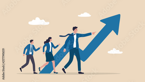 Business leader pointing towards a growing upward arrow, representing success, growth, and professional leadership