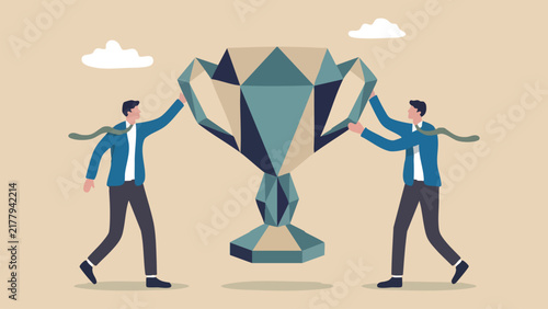 Two businessmen working together to lift a large geometric trophy, representing teamwork and corporate success
