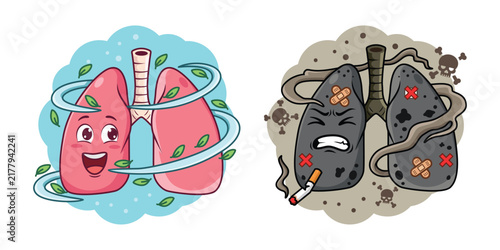 Cartoon illustration of healthy and unhealthy lungs due to smoking.