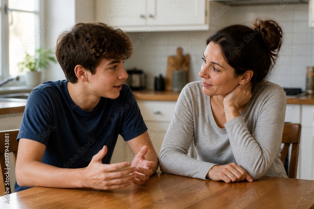 Fototapeta premium Mother listening to teenage son talking at kitchen table