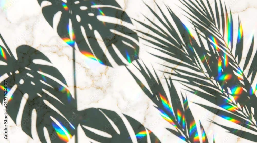 Obraz premium Tropical plant shadows with colorful light refractions on white marble background