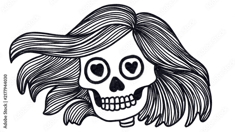 Fototapeta premium Vintage spooky skull with flowing long hair and heart shaped eye sockets in hand drawn engraving style, isolated on transparent background for halloween and gothic fashion graphics