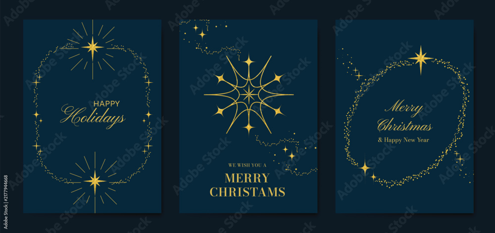 Obraz premium Navy blue Christmas and Happy New Year card vector. Winter Star ,Night sky, leaves branch, snow flake with gold foil texture on white background. Illustration for cover, print, poster, invitation.