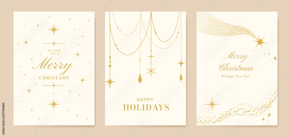 Obraz premium White Christmas and Happy New Year card vector. Winter Star ,Night sky, leaves branch, snow flake with gold foil texture on white background. Illustration for cover, print, poster, invitation.