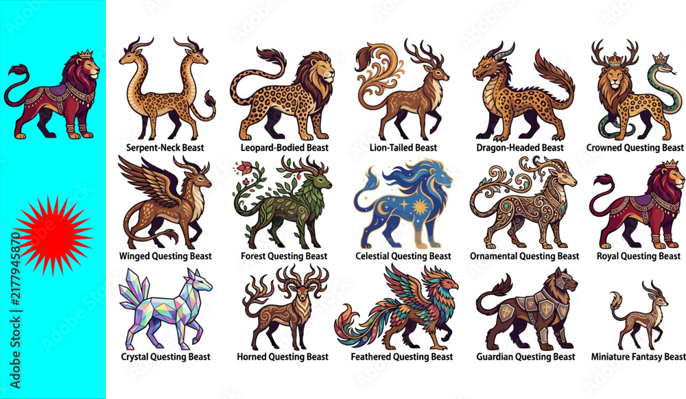 Obraz premium Collection of fifteen fantasy questing beasts featuring Serpent-Neck Leopard-Bodied Lion-Tailed Dragon-Headed Crowned Winged Forest Celestial Ornamental Royal Crystal Horned Feathered