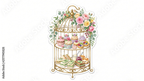 Vintage Birdcage High Tea Stand Watercolor Clipart