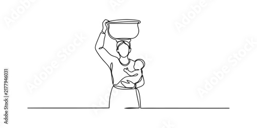 Continuous line drawing of a mother carrying a baby and a bowl on her head