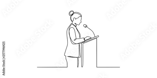 Continuous one line drawing of a woman speaker giving a presentation at a podium with a microphone