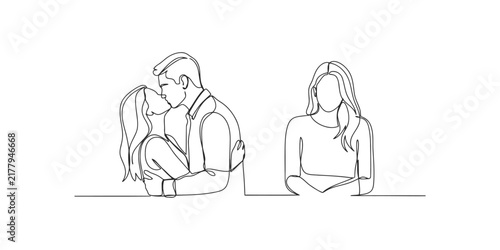Continuous line drawing of a happy couple kissing while a lonely woman watches them