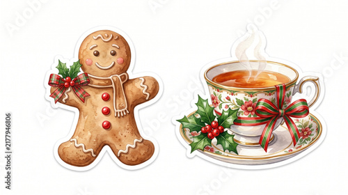 Gingerbread Man and Festive Holly Teacup Watercolor Clipart