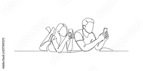 Young couple lying down and using mobile phones together in a continuous line art style