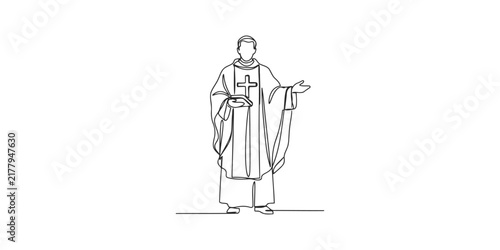 Continuous line drawing of a catholic priest holding a bible and preaching to people