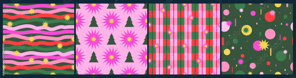 Obraz premium Set of holiday seamless patterns. Christmas, New Year colorful bright design with stripes, trees, stars, confetti. Endless repeat wallpaper, wrapping paper, background. 