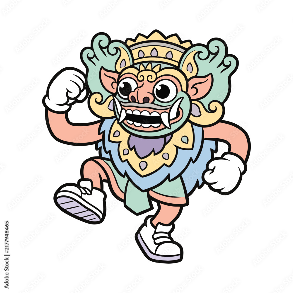 Fototapeta premium Retro Cartoon Walking Balinese Barong Mascot Character Illustration