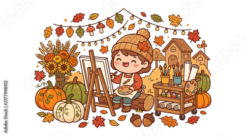 Cute girl painting autumn landscape with pumpkins and leaves.