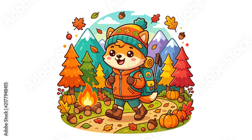 Cute fox character hiking in autumn mountain landscape.