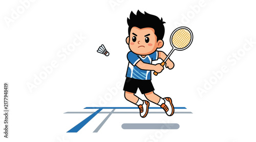 Boy performing powerful badminton smash.