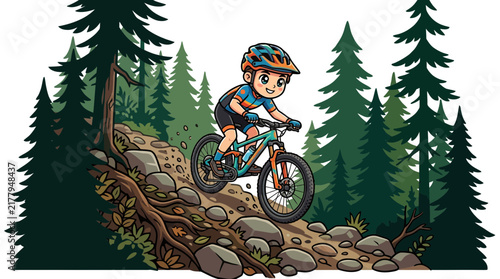 Boy riding mountain bike on rocky forest trail.