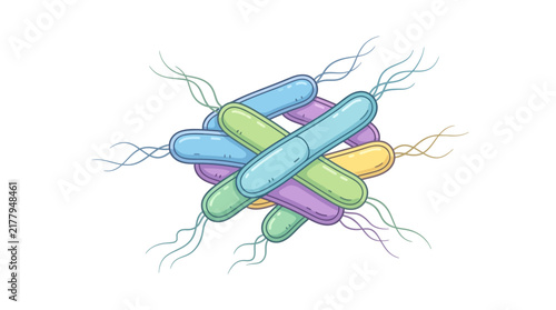 Bundle of colorful rod-shaped bacteria with thin tails.