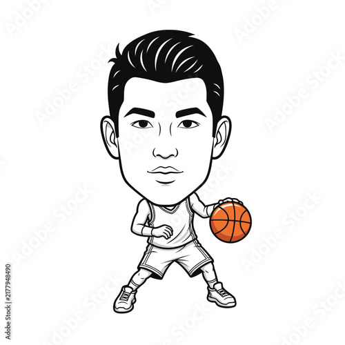 Caricature of male basketball player dribbling ball.