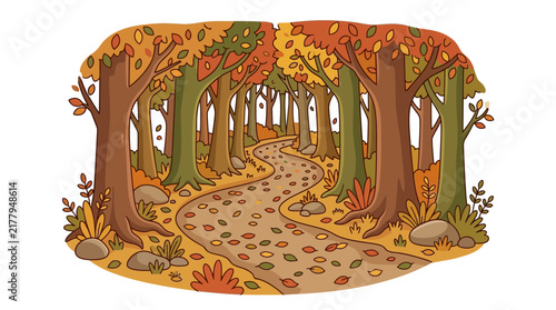 Curved winding path through colorful vibrant autumn forest trees.