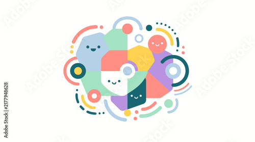 Cute abstract geometric characters with smiling faces