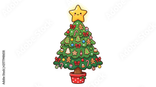Cute cartoon Christmas tree with cookies and candy canes.