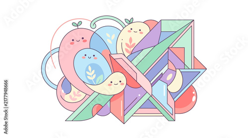 Cute characters integrated with geometric isometric shapes