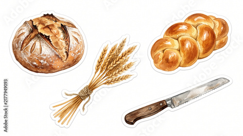 Artisan French Bread Collection and Wheat Watercolor Clipart