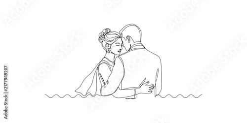 Continuous line drawing of a bride and groom embracing on their wedding day