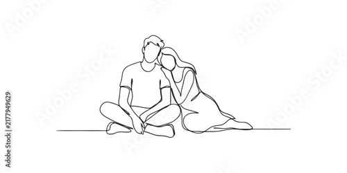 Continuous line drawing of a happy young couple sitting together in love