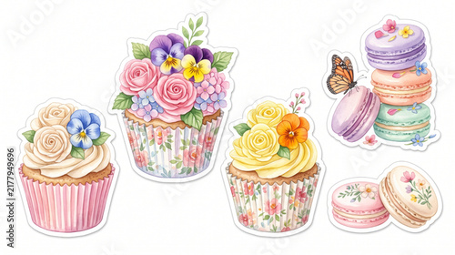 Botanical Floral Cupcakes and Macarons Watercolor Clipart