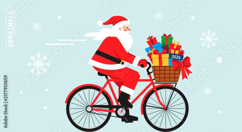 Cartoon Santa Claus Riding Bicycle with New Year 2025 Gifts