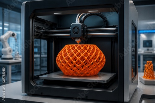 Obraz na płótnie 3d printer producing lattice vase inside industrial maker lab workspace